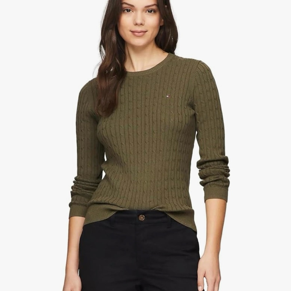 Tommy Hilfiger Crew Neck Cable Knit Sweater Women’s Medium 100% Cotton Green